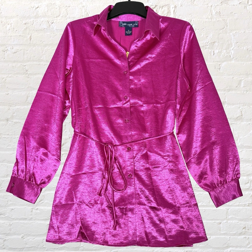 Susan Graver Hot Pink Satin Button Down Tunic Blouse Size M Tie Waist Glam NWT